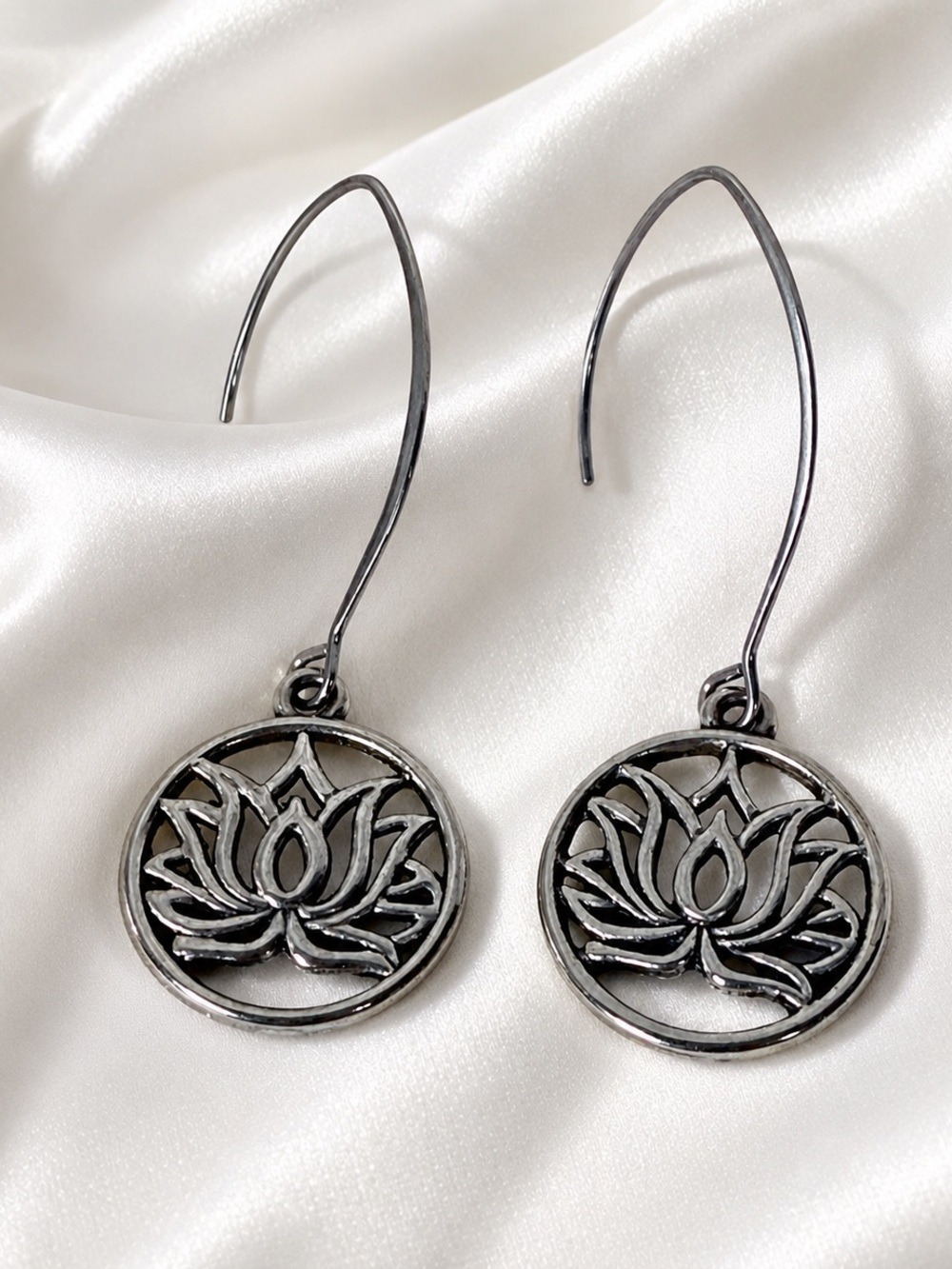 Silver Tone Lotus Flower Threader Dangle Earrings